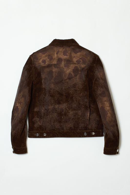 DISTRESSED FLOCK CAMOUFLAGE DENIM JACKET BROWN