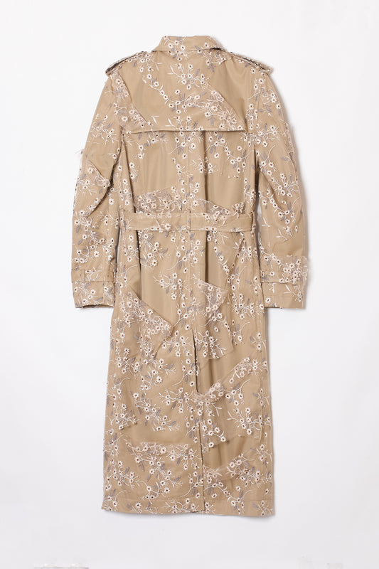 DISTRESSED LACE LAYERED TRENCH COAT BEIGE