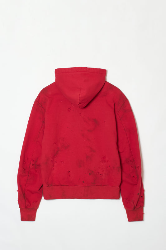 DISTRESSED OIL STAIN HOODIE RED