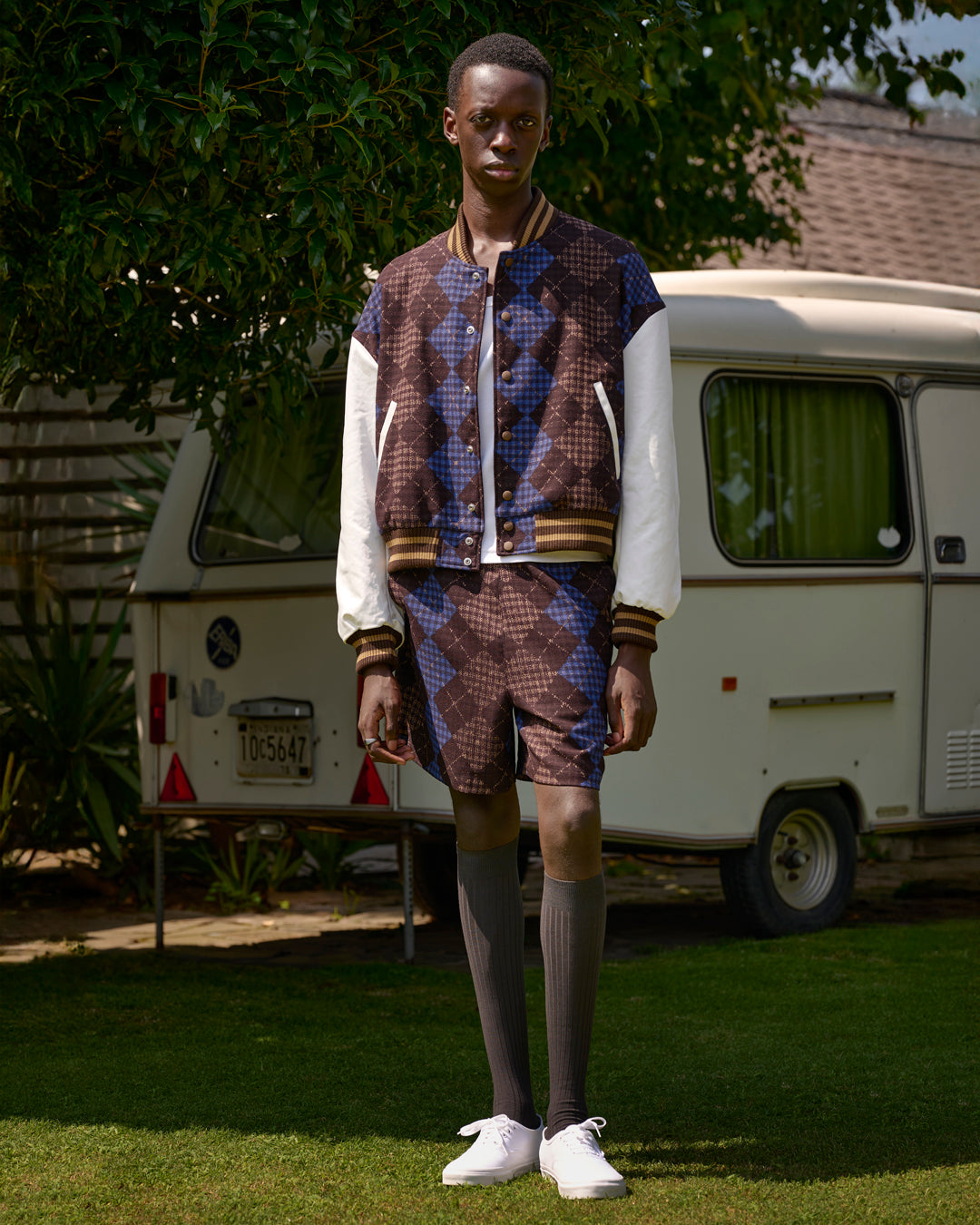 ARGYLE PRINTED COLLEGE JACKET BROWN