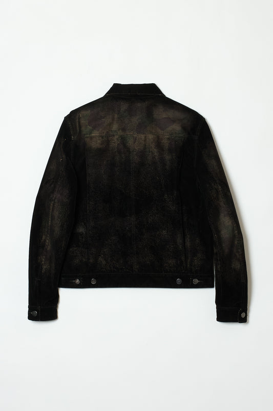DISTRESSED FLOCK CAMOUFLAGE DENIM JACKET BLACK
