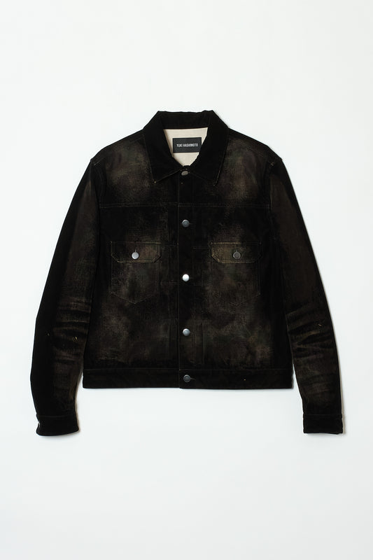 DISTRESSED FLOCK CAMOUFLAGE DENIM JACKET BLACK