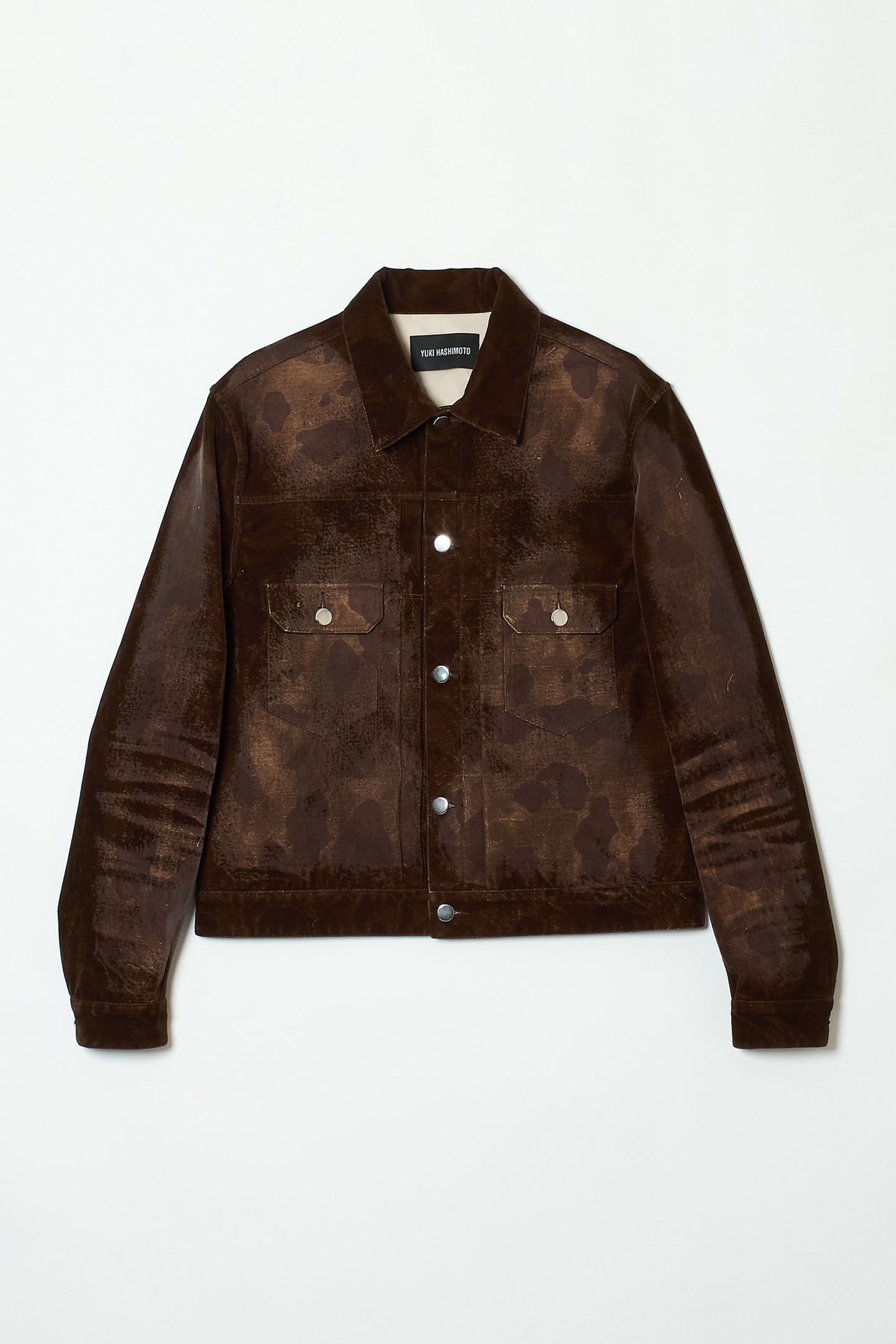 DISTRESSED FLOCK CAMOUFLAGE DENIM JACKET BROWN