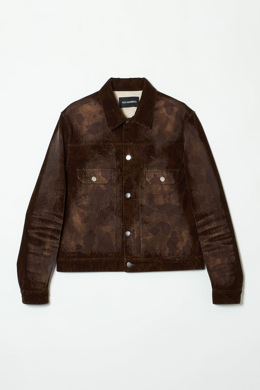 DISTRESSED FLOCK CAMOUFLAGE DENIM JACKET BROWN
