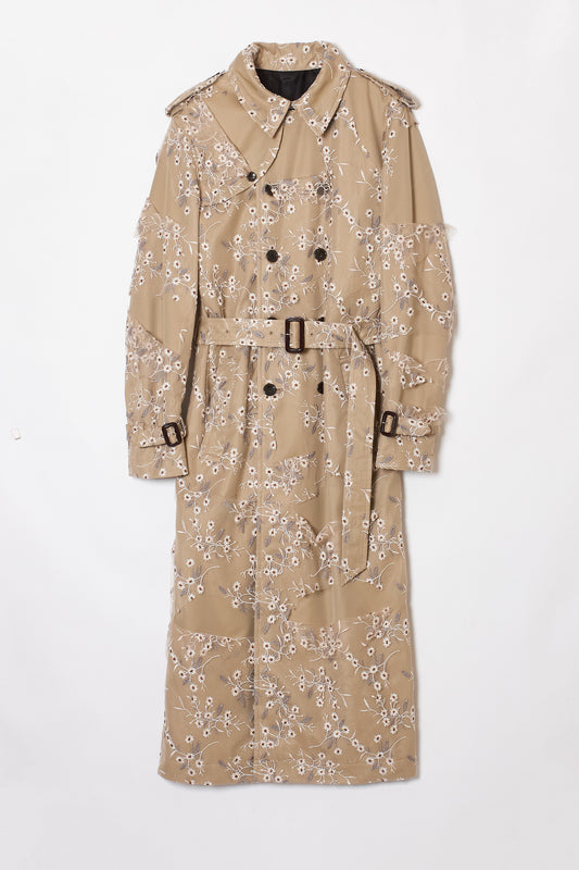 DISTRESSED LACE LAYERED TRENCH COAT BEIGE