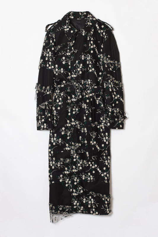 DISTRESSED LACE LAYERED TRENCH COAT BLACK