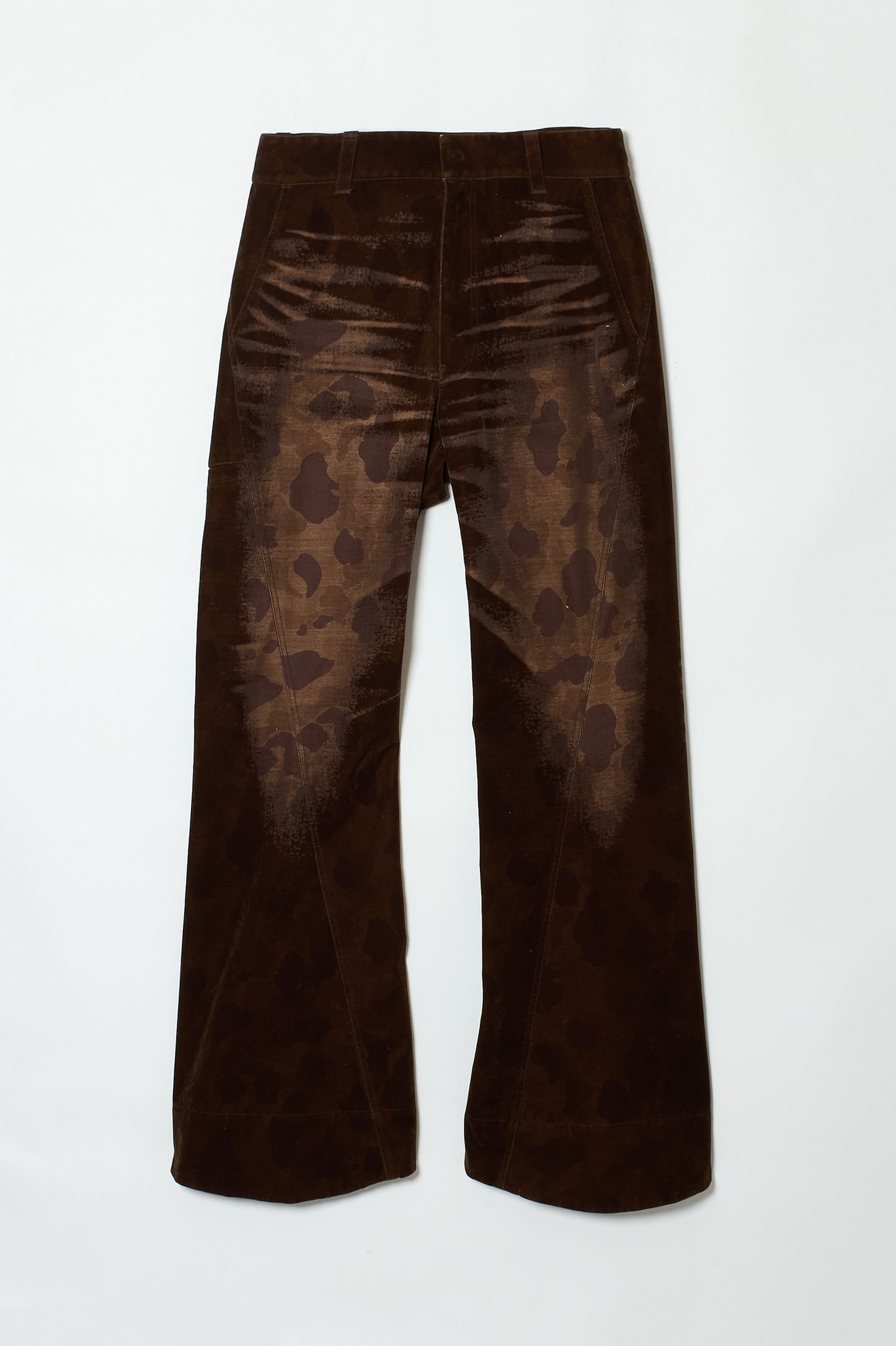 FLOCK CAMOUFLAGE TWISTED FLARED PANTS BROWN